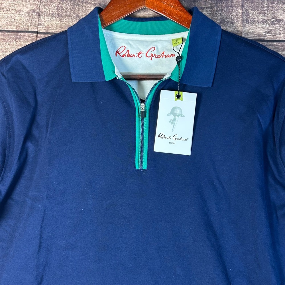 Robert Graham Mens Navy Blue Green Trim Quarter Zip Polo Shirt RSS147002 NEW S